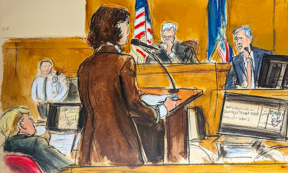 Un momento della testimonianza nei disegni processuali (Elizabeth Williams)