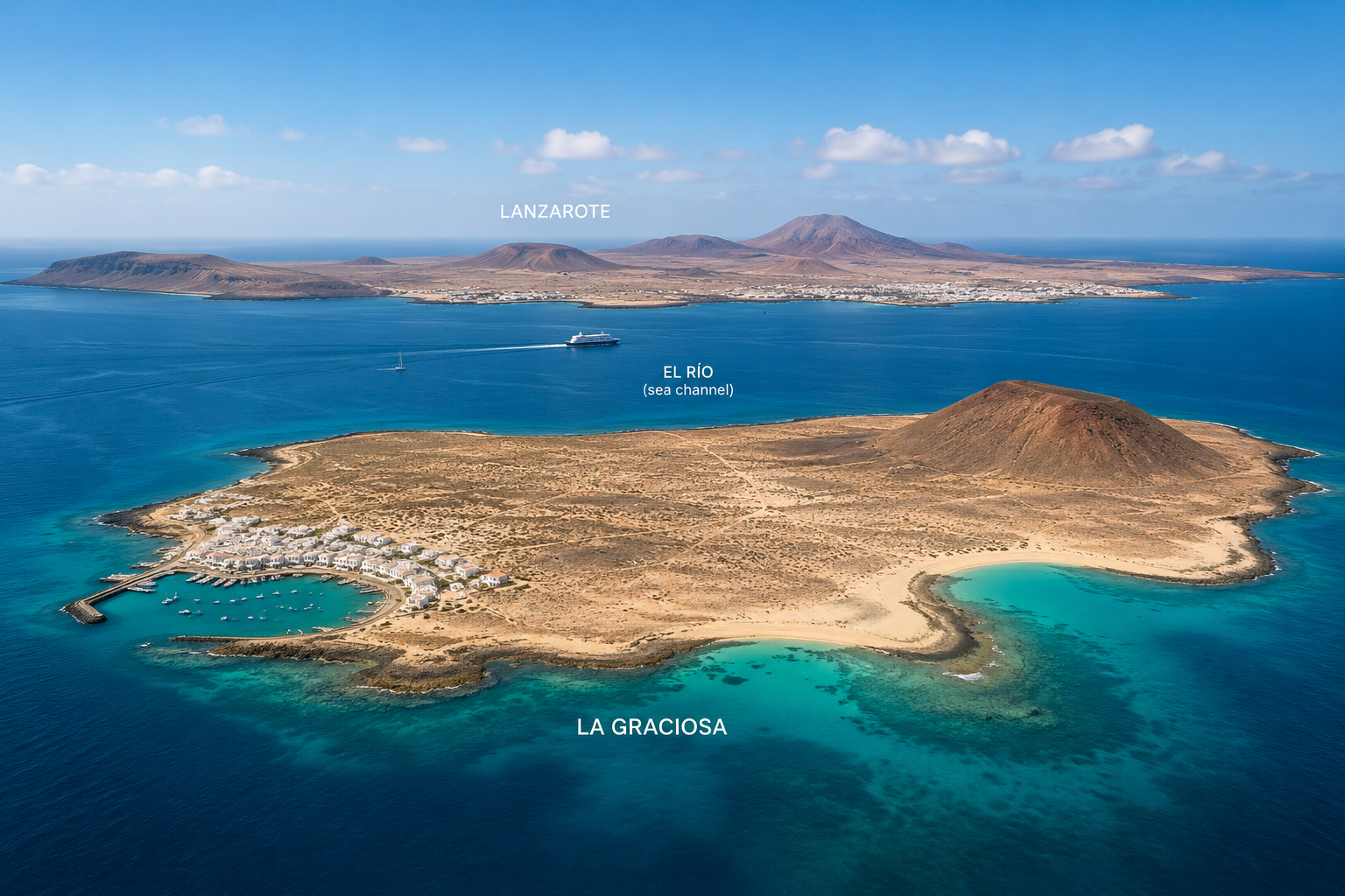 Aerial representation of La Graciosa and Lanzarote, Canary Islands, Spain